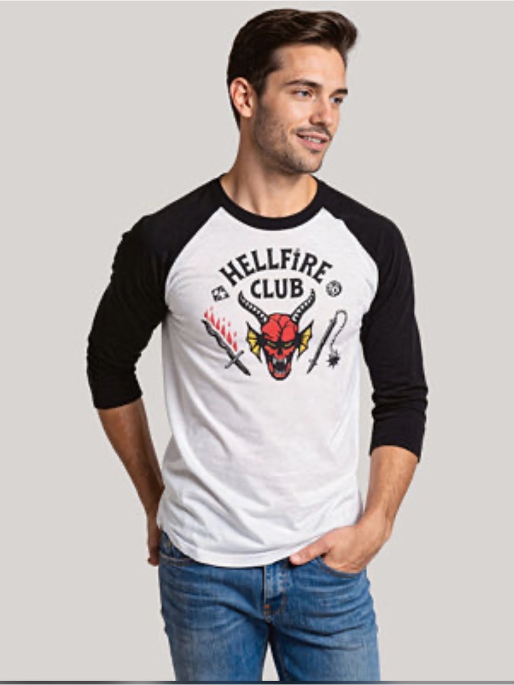 Stranger Things Hellfire Club Raglan Tee - Black & Cream Retro Horror L 🐉🔨